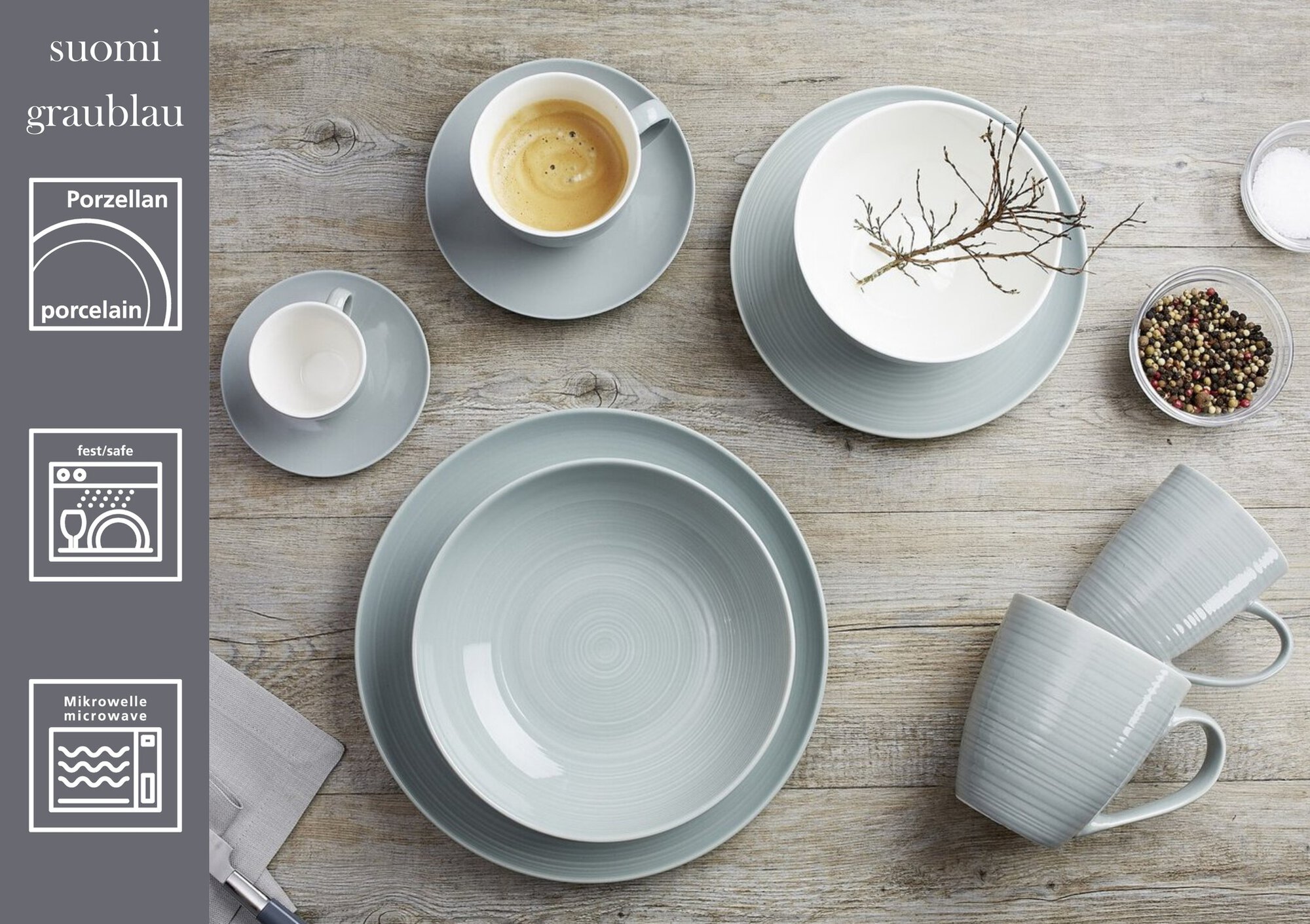 Henkelbecher Suomi Graublau 310 ml - Porzellan, spülmaschinenfest, konisch, blau